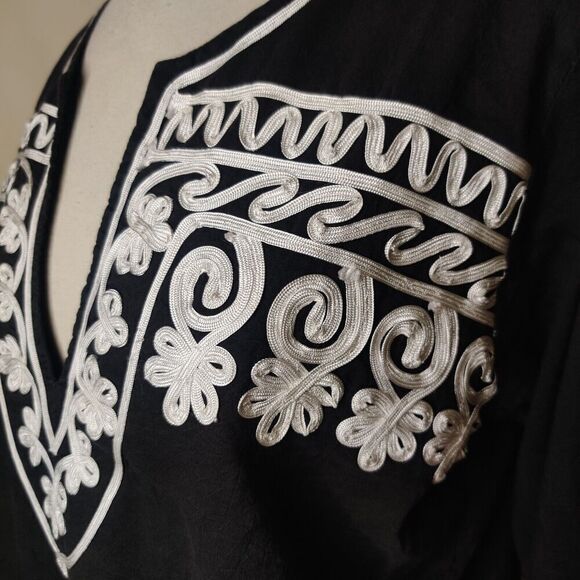 Barbara Gerwit Embroidered Tunic Top Black Cotton Side Slits - Picture 7 of 10
